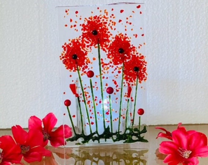 Fused Glass Poppy Candle Holder, Flower Votive Holder, Flowering Garden Tealight Holder, Bringing the Outside In