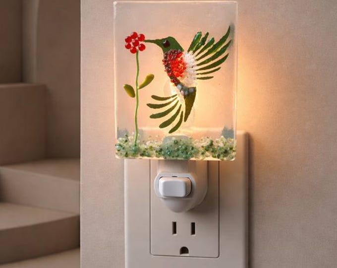 Fused Glass Hummingbird Night Light: Unique Bird Decor