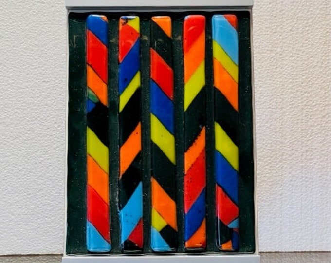 Freestanding fused glass colorful Chevron tabletop art, Glass Chevron Art, Shelf or Bookcase Art, One0of-a-kind Glass Art