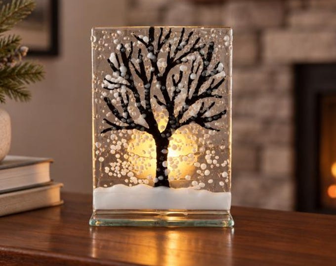 Fused Glass Winter Tree Tealight holder: Candle holder 2.5" x 3.5"
