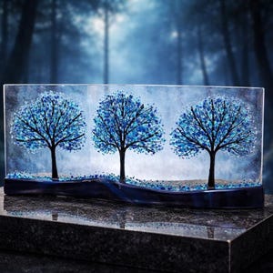 Blue Trees Fused Glass Art: Curved Shelf Decor (10x4 inches)