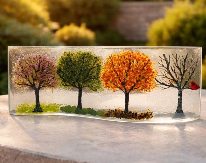 Fused Glass Seasons Art: Curved Shelf Decor with Cardinal