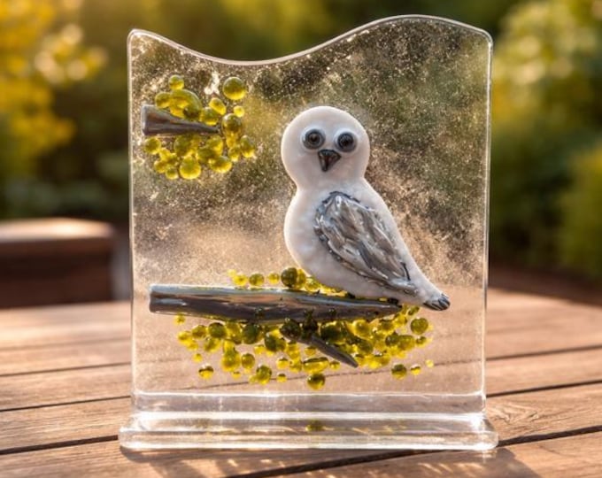 Fused Glass Snowy Owl: Bird Decor, Windowsill Art