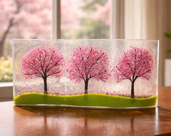 Cherry Blossoms Fused Glass Art, Curved Shelf Art, (10x4 inches), Home Decor
