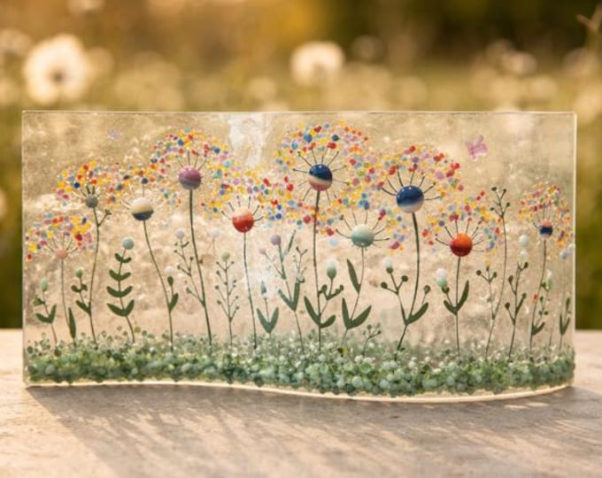 Fused Glass Dandelion Art: Rainbow Flower Window Decor (9x4 inches)