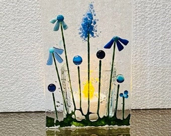 Fused Glass Blue Flower Candle Holder, Flower Votive Holder, Flowering Garden Tealight Holder, Bringing the Outside In