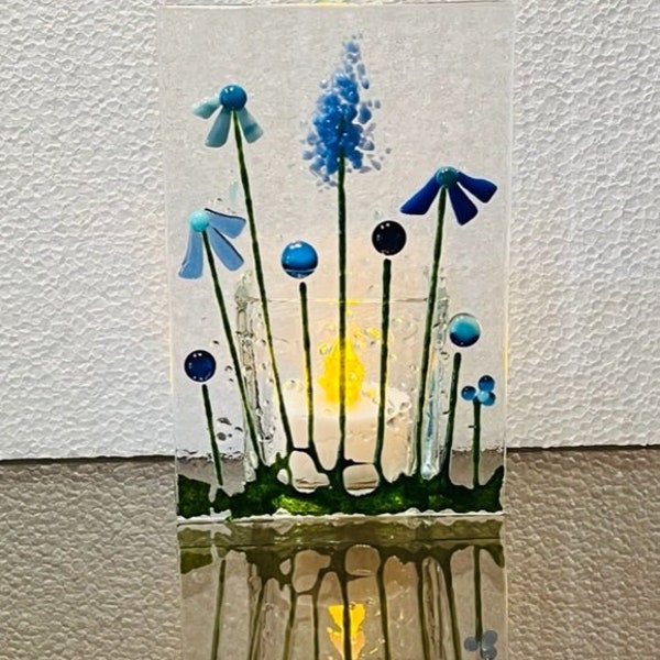 Fused Glass Blue Flower Candle Holder, Flower Votive Holder, Flowering Garden Tealight Holder, Bringing the Outside In