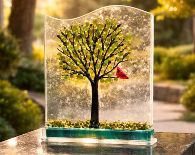 Fused Glass Summer Tree Art: Cardinal Window Suncatcher