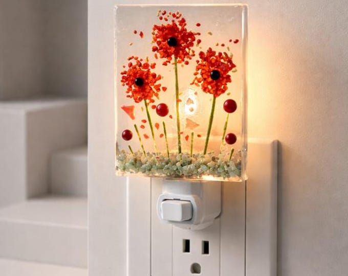 Poppy Flower Fused Glass Night Light: Indoor Decor