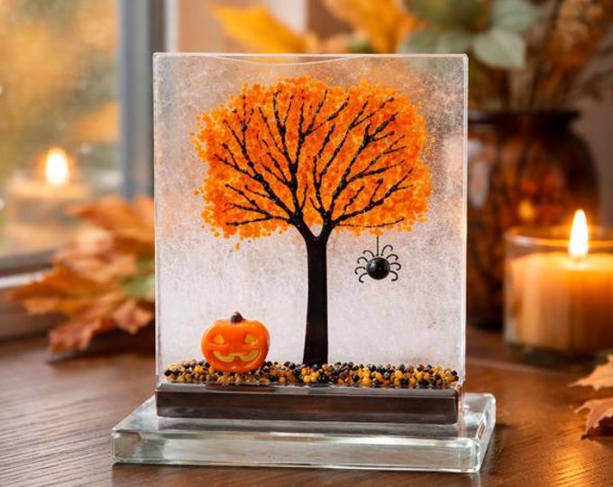 Fused Glass Halloween Tree Art: Pumpkin & Spider Suncatcher