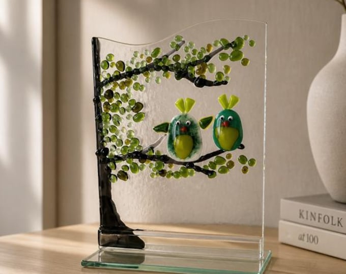 Fused Glass Whimsical Birds on a Branch: Bird Decor, Windowsill Art