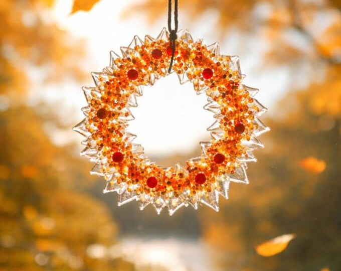 Fused Glass Autumn Wreath Suncatcher, Window Decoration