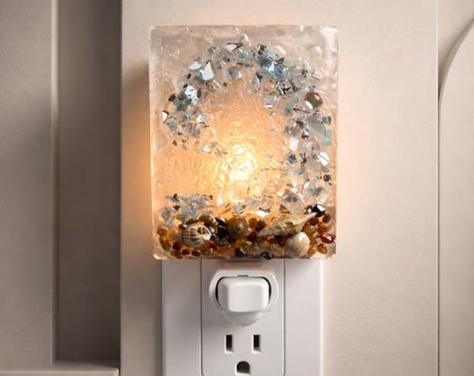 Ocean Wave Glass Night Light, Shell and Pebble Decor