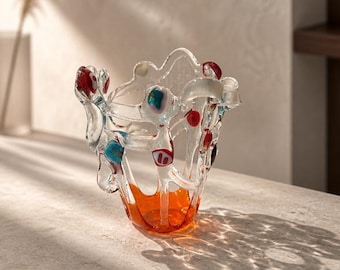 Freeform Glass Vase, Colorful Fused Glass Sculpture