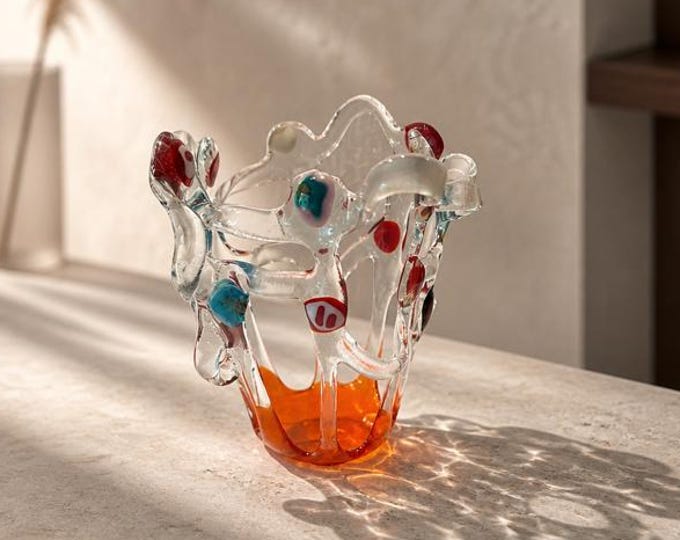 Freeform Glass Vase, Colorful Fused Glass Sculpture