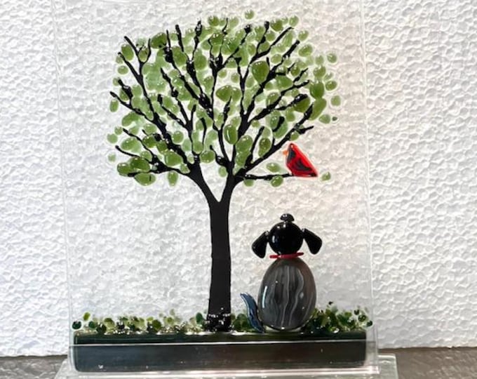 Fused Glass Dog and Bird Tree: Sun Catcher Window Art