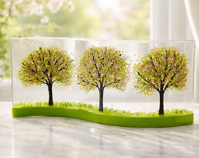 Springtime Trees Fused Glass Shelf Art: Home Decor (10" x 4")