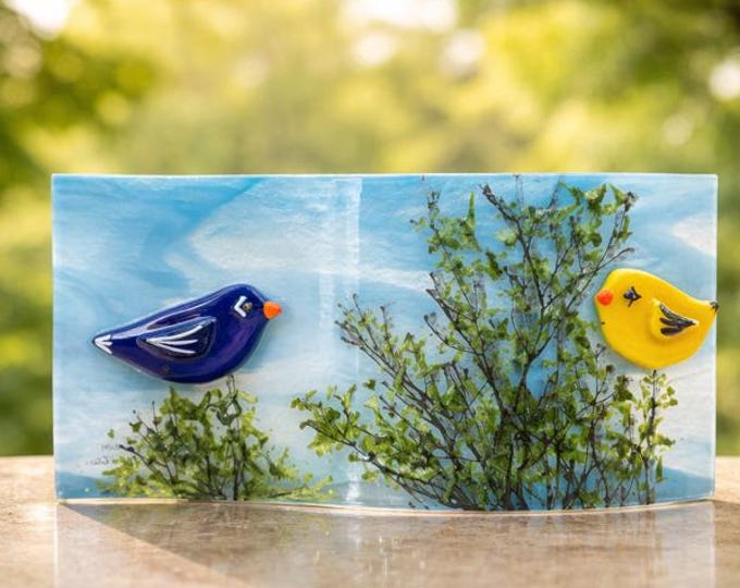 Fused Glass Bird Shelf Art: Whimsical Windowsill Decor