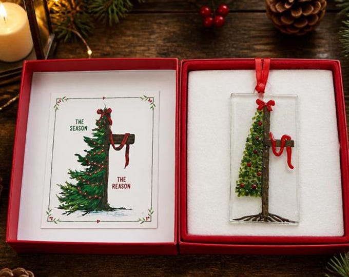 Fused Glass Tree and Cross Christmas Ornament: Christian Sun Catcher
