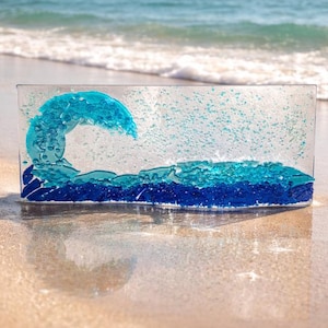 Glass Ocean Wave Sculpture: Beach Decor, Blue Rolling Wave