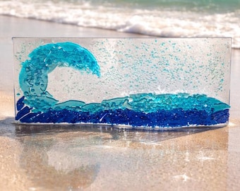 Glass Ocean Wave Sculpture: Beach Decor, Blue Rolling Wave