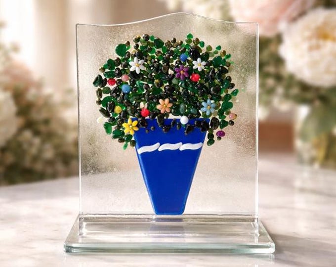 Fused Glass Floral Bouquet Sculpture: Forever Flowers on Stand