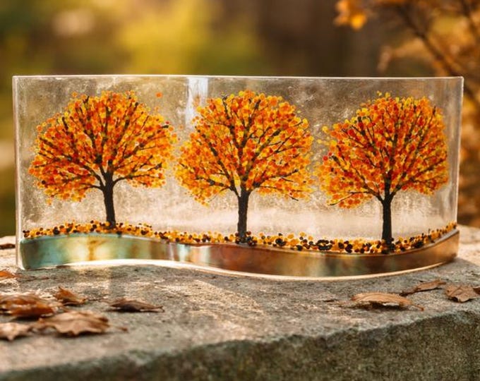 Autumn Trees Fused Glass Art: Curved Shelf Decor
