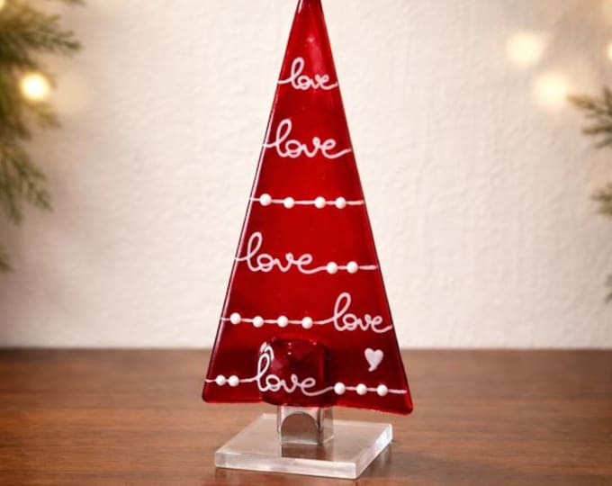 Fused Glass Christmas Tree, Red Holiday Decoration, Love Tree Windowsill Art