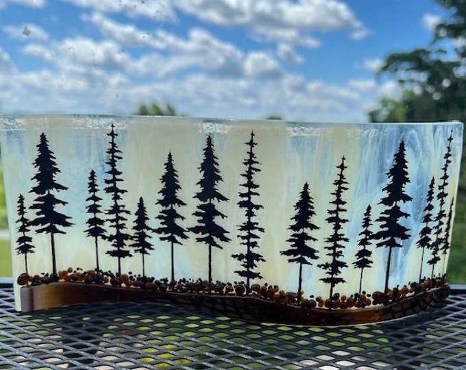 Up North Evergreen Tree Forest Curved Glass  Shelf Art, Home Decor, Window Sill Art, Bringing the Outdoors In, Tree Glass Art