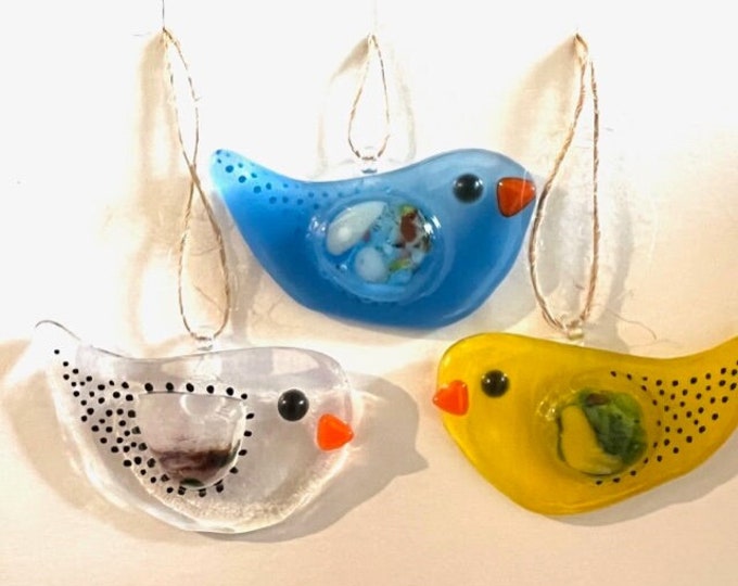 Set of 3 fused glass Birds, Colorful Bird Decorations, Window Sun Catchers