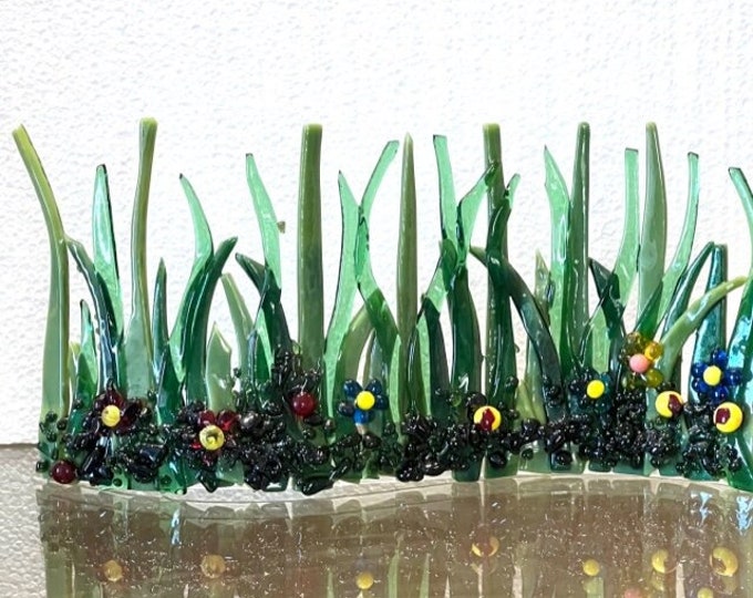 Grassy Meadow Fused Glass Curved Shelf Art, Home Decor, Window Sill Art, Bringing the Outdoors In, Green Grass Glass Art