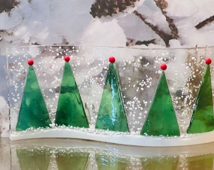 Holiday Trees Curved Fused Glass Window Sill Art, Curved Christmas Trees, Holiday Curve, Christmas Decoration