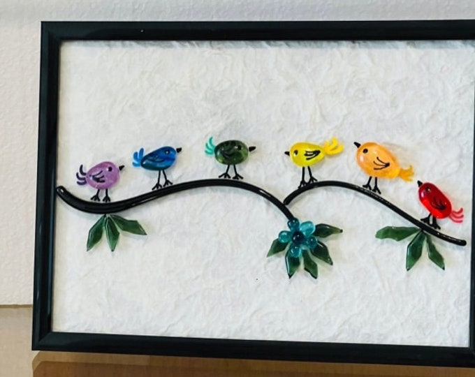 Fused Glass Rainbow Birds Framed Art, Whimsical Birds on Branches, Colorful Birds, Bird Lover Gift