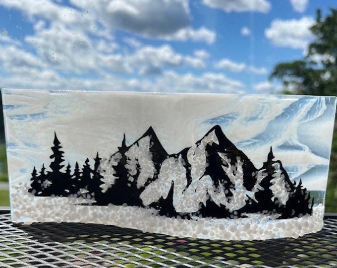 Snowy Mountains Fused Glass Curved Shelf Art, Mountain Glass Art, Snow on The Mountains, Windowsill Art