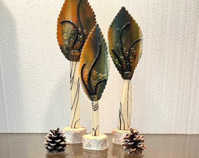 Fused Glass Abstract Tree Sculpture Set of Three, Freestanding Trees on Wood Bases, Room Decor, Unique Tree Set