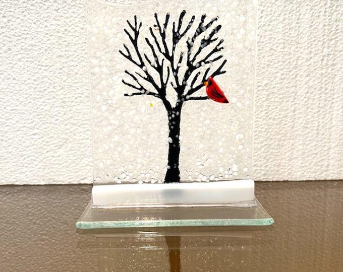 Winter Tree Fused Glass Art with Cardinal, Winter Decor, Sun Catcher Window Light Catcher, Shelf Art, Holiday Decor. Windowsill Art