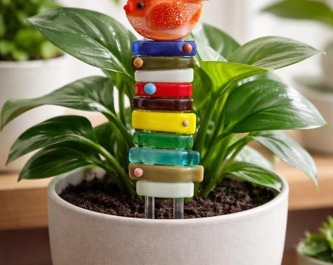Fused Glass Bird Plant Stake Totem, Whimsical Garden Adornment, Pot Decoration