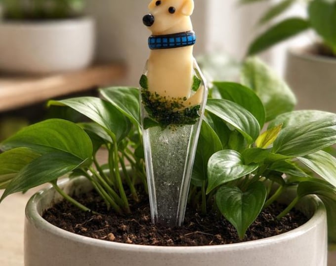 Fused Glass CLEO, the planter pooch, Whimsical Dog Plant Stake, Plant Adornment, Pot Decoration