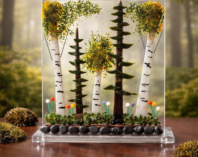 Fused Glass Northwoods Sculpture:  Rustic Outdoor Art for Inside
