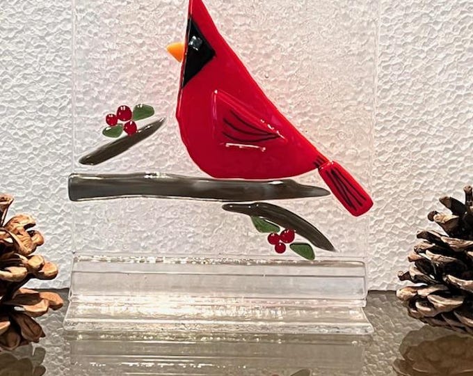 Fused Glass Cardinal: Bird Decor, Windowsill Art