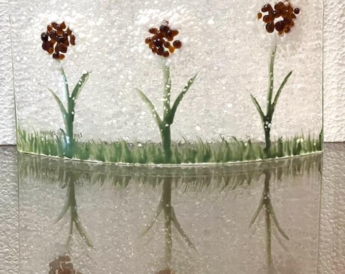 Fused Glass Dandelion Art: Three Wishes Curve for Window Sill