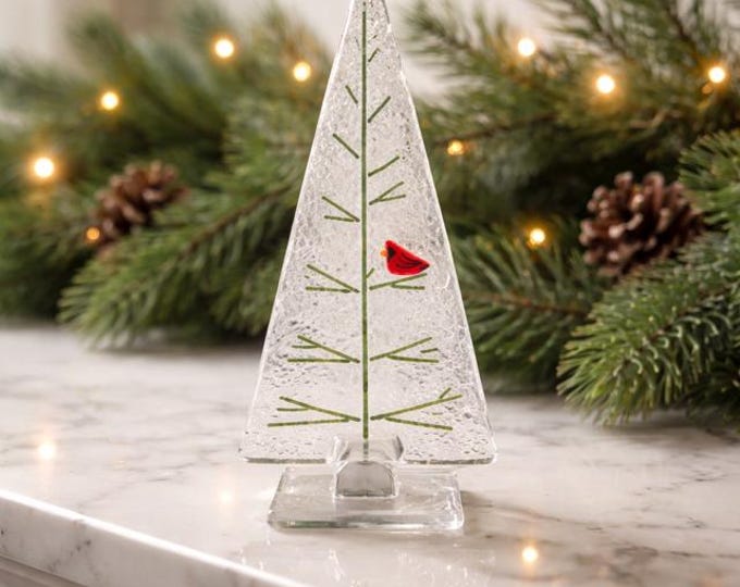 Fused Glass Cardinal Christmas Tree, Handmade Holiday Decoration
