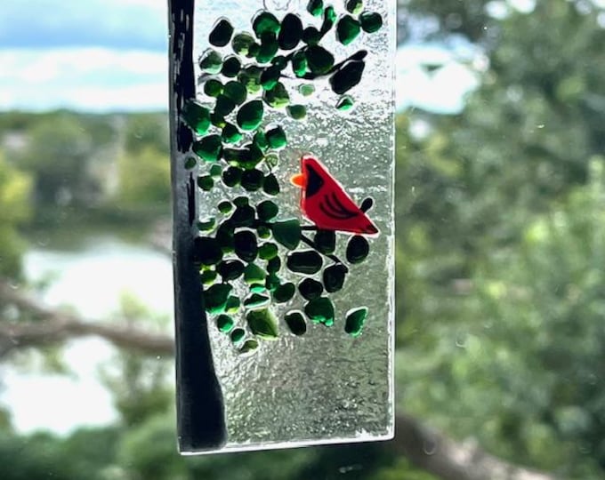 Cardinal Bird Sun Catcher, Red Bird Sun Catcher, Fused Glass Sun Catcher, Memorial Gift