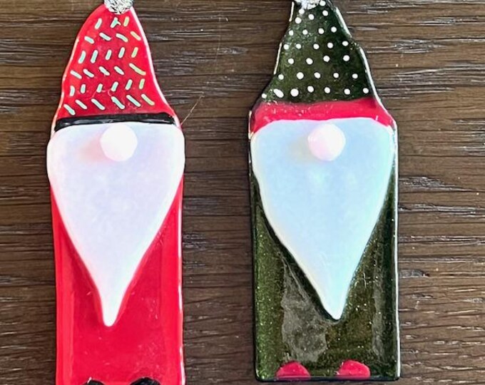 Fused Glass Christmas Gnome Ornaments: Holiday Favors, Gift Boxed (Set of 2)