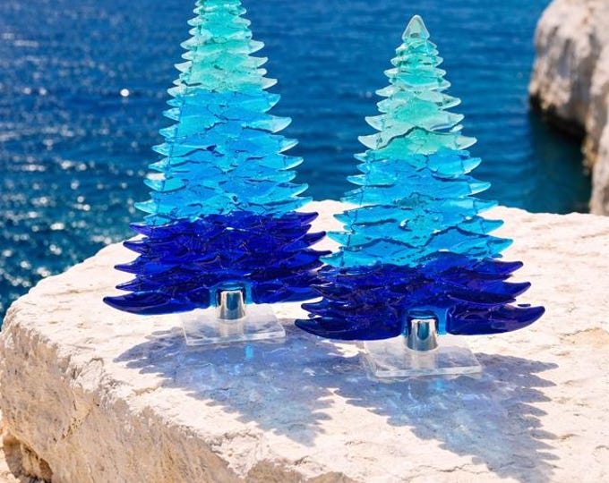 Fused Glass Coastal Christmas Tree, Beachy Blue Holiday Decor (6.5 or 8.5 inch)