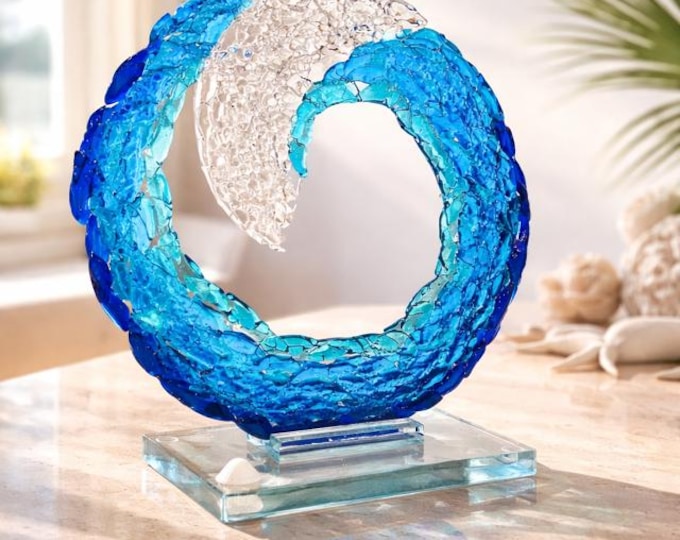 Fused Glass Ocean Wave Sculpture: Beach Decor, Sea Art
