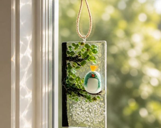 Whimsical Blue Bird Sun Catcher: Fused Glass Bird