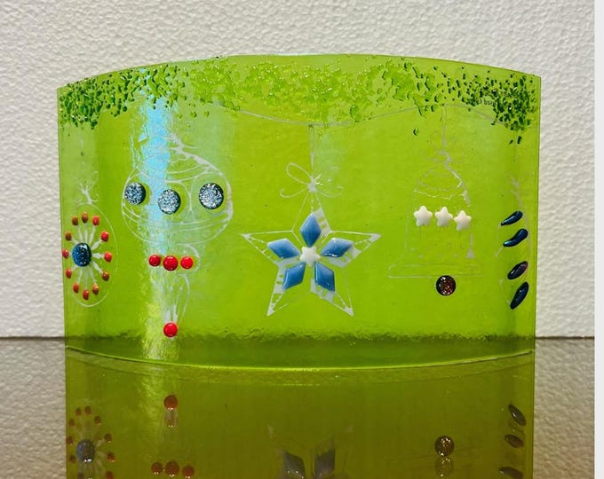 Fused Glass Holiday Ornaments on a Branch Window Sill Art, Curved Glass Christmas Art, Christmas Decor. Holiday Decoration