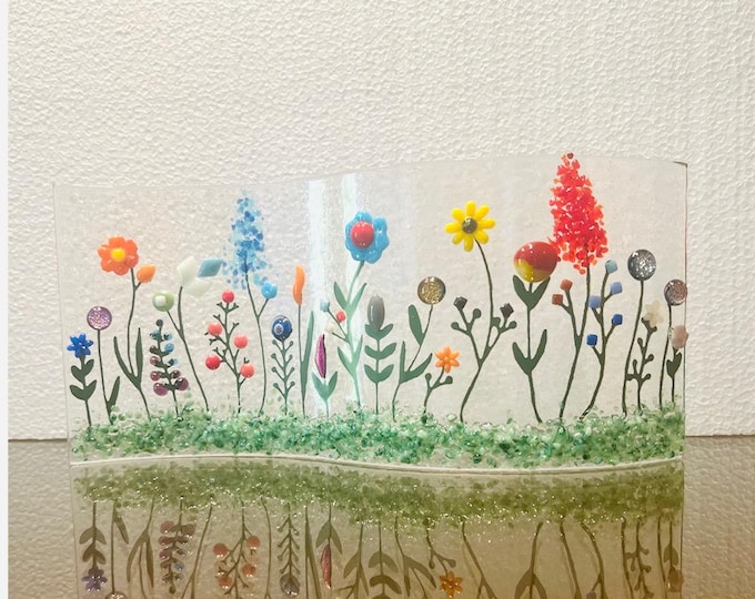 Fused Glass Wild Flowers Curved Shelf Art, Home Decor, Window Sill Art, Bringing the Outdoors In, Flower Glass Art