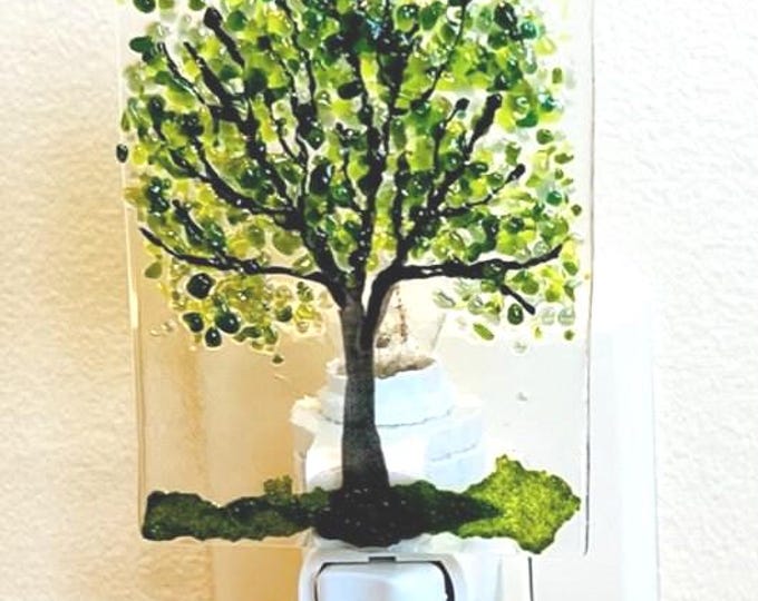 Summer Tree Fused Glass Night Light, Bringing the Outdoors In, Bedroom, Bathroom, Hallway Light, Nature Inspired, Plug In Accent Light